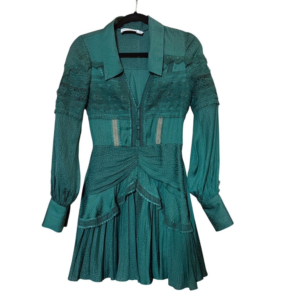 Self-Portrait Jacquard Lace-Trim Mini Dress Womens 2 Green Pleated Long Sleeve